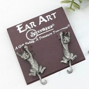 Spoontiques Ear Art Pewter Hanging Cat Post Dangle Pierced Earrings